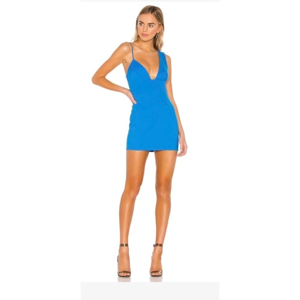 Superdown Mini Dress Women Small Blue Asymmetrical Bodycon Plunging V-Neck Party